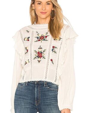 Free People cream Embroidered Ruffle Long-Sleeve Top